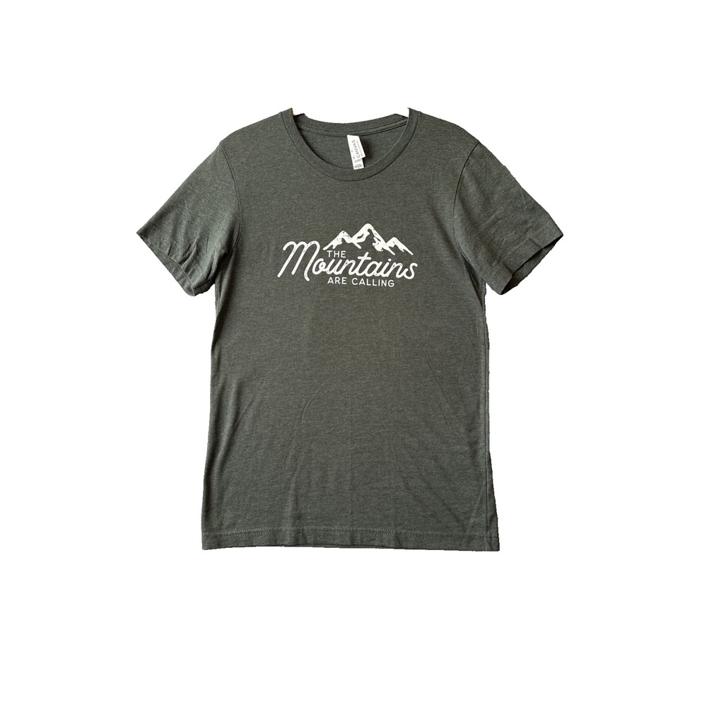 Bella Canvas Mountains Are Calling Graphic Tee Shirt S Green Heather Hiking